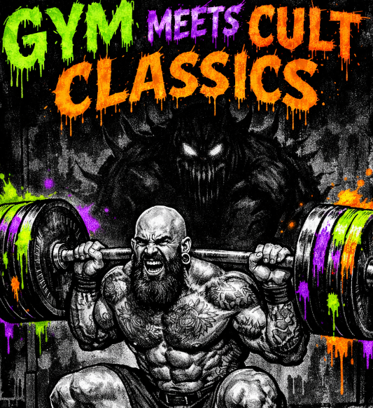 Muscular figure lifting a colorful barbell with 'Gym Meets Cult Classics' text in the background.